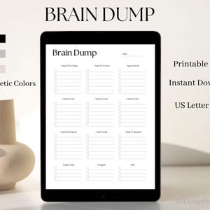 May include: A digital planner displayed on a black tablet. The planner, titled "Brain Dump," features a clean, minimalist design with sections for tasks, appointments, and notes. The image also highlights "3 Aesthetic Colors" and mentions "Printable PDF" and "US Letter & A4".