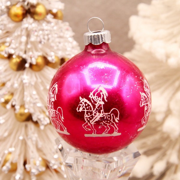 Vintage Shiny Brite Pink Soldier on Horse Stenciled Christmas Ornament 2.25 Inch