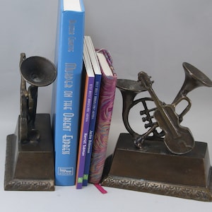 Vintage Brass Bookends Musical Instruments Gift Desk Accessories French Horn Violin