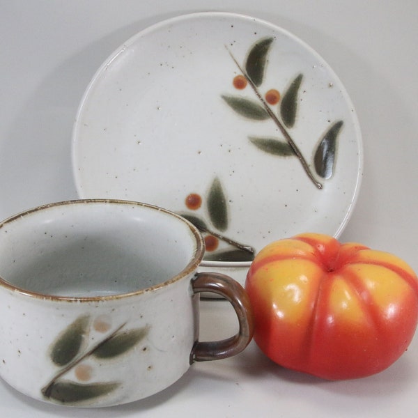 Vintage Speckled Soup Cup Bowl Handle and Plate Botanical Red Berries Gift