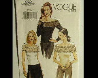 DIY UNCUT Vogue 14, 16, 18 Off the Shoulder, Misses Petite Elasticized Ruffled Neckline Cap Sleeves, Long Sleeve 7720 Sewing PATTERN