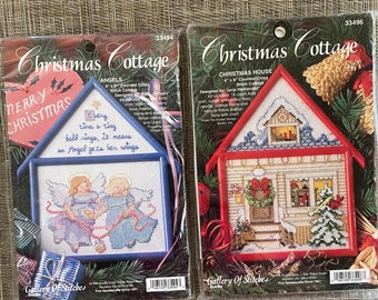 DIY Bucilla Christmas Cottage House OR Angel Gets Wings Counted Cross Stitch KIT, with Cottage Shaped Frames, Gallery of Stitches