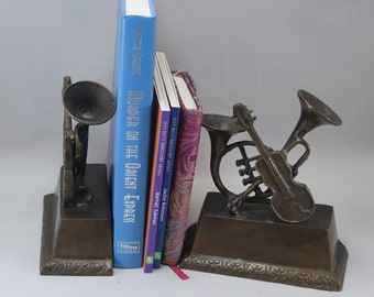 Vintage Brass Bookends Musical Instruments Gift Desk Accessories