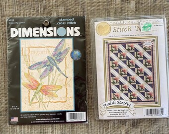 DIY Counted Cross Stitch KITS, Dragonfly Dance OR Amish Basket Quilt, Cross My Heart Stitch N Go 2002 Dimensions 6930