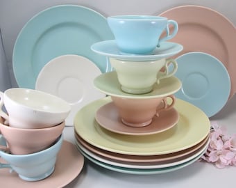 21 PC Vintage Franciscan Ware El Patio Luncheon Plates Cups Matte Turquoise Blue, Coral Pink, Light Yellow, White, California Dinnerware