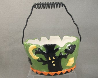 Vintage Halloween Haunted Tree Candy Bowl Bats Moon Metal Handle Ceramic 1990s