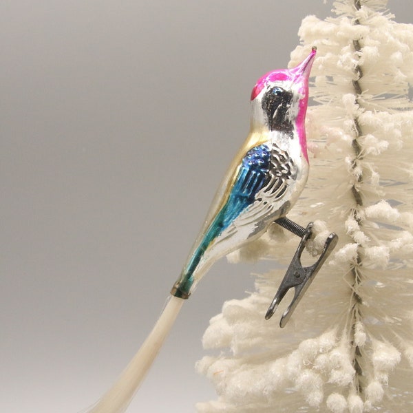 Vintage Mid Century Bird Spun Glass Figural Christmas Ornament 1950s Clip On, Pink Blue Silver