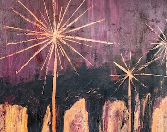 Large Original Art Painting, Abstract Acrylic, 36 x 48 Fireworks, Dandelion Magenta, Black, Purple, Copper, Home Decor, Gift, Wall Art