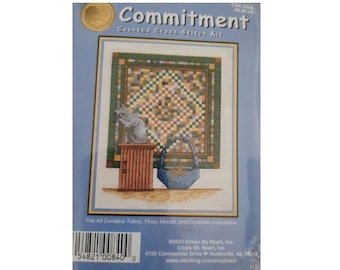 DIY Counted Cross Stitch KIT Commitment Quilt, Cat, Basket #CSK-564A Cross My Heart 2001, Mini 5 x 6.5, 14 Count