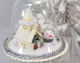 Handmade Mini Snow Scene Country Chapel Church, Snowman Snowflakes Diorama Christmas Tree Glass Ornament, 3.5 Inch