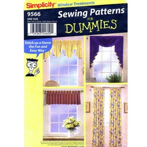 May include: A Simplicity 9566 sewing pattern envelope for window treatments titled Sewing Patterns for Dummies. The package features illustrations of four different curtain styles, including yellow, purple, and floral patterns on windows.