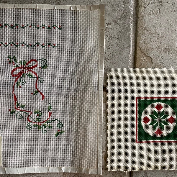 Vintage DIY Personalized Small Holly and Ribbons Christmas Stocking Needlepoint Cotton Canvas 1980s NOS, Quilt, Small Quilt