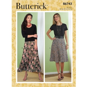 May include: Butterick sewing pattern B6743 for sizes 8-16, featuring two skirt variations. One is a floor-length skirt with a pink and black floral print, and the other is a knee-length skirt with a black and tan leopard print pattern.