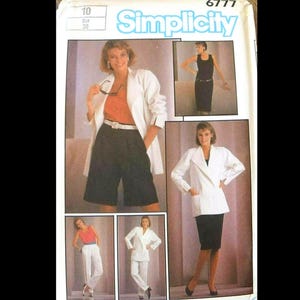 May include: A Simplicity 6777 sewing pattern envelope featuring illustrations of various outfits including a white blazer, black shorts, a black dress, and white trousers. The package displays size 10 and EUR 38 labels with multiple garment views.