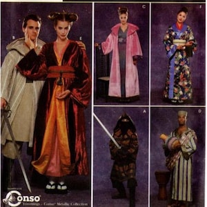 May include: A vintage sewing pattern featuring various costume designs. The costumes include a red velvet robe, a pink coat, a floral kimono, a ninja outfit, and a striped robe. The pattern is from the Conso Metallic Collection.