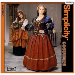 UNCUT 18w - 24w Tudor Renaissance Lady Wench, Peasant Blouse, Boned Vest, Skirt, Overskirt, Veil Historical Costume PATTERN Simplicity 8249