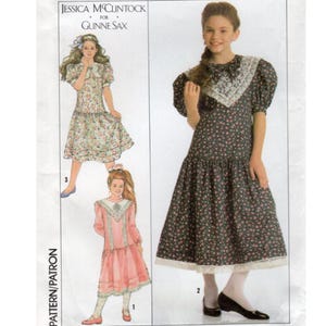 DIY UNCUT Girls Size 7 - 14 Gunne Sax Modest Dress Drop Waist, Ruffle, Lace Collar, Short Long Puff Sleeves PATTERN Simplicity 9425