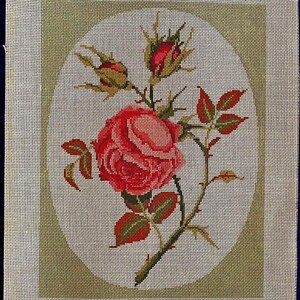 Vintage DIY Needlepoint Pink Rose Floral Cotton Canvas #14 NOS 1980s Hand Painted 10 x 13 Pillow, Wall Art