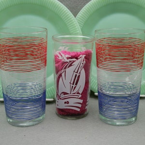3 Vintage Patriotic Hazel Atlas Sailboats Sea Gulls Striped Red White and Blue Tall Tumblers Anchor Hocking, Independence Day, 4th of July