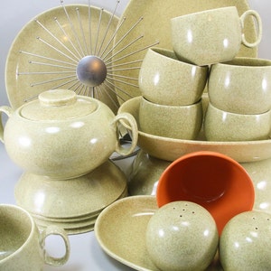 MCM WS George Pottery RANCHERO Cloudburst Green Speckled Sugar Bowl Platter Cup Salt Pepper Shakers, Tray Serving Cereal Bowls Mid Century