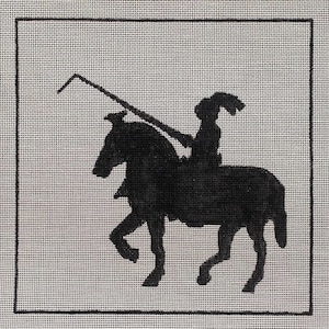 Vintage DIY Needlepoint Knight on Horse Stead Silhouette Cotton Canvas #14 Black NOS Hand Painted 10 x 10 Pillow for Purse Panel, Wall Art
