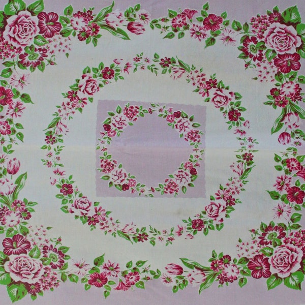 Vintage Mid Century Startex Lavender Pink Floral Tablecloth Spring Easter 46 x 55 Inch Square Table Cloth