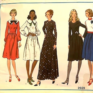 May include: A Vogue's Basic Design sewing pattern envelope, number 2659, featuring illustrations of five different dress styles. The designs include a red dress with a white collar, a white patterned dress, a long dark patterned dress, a black dress, and a blue skirt with a white top.