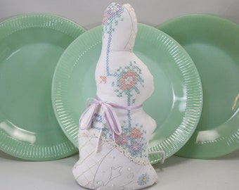 Vintage Handmade Rabbit Embroidered Fabric Upcycled Standing Spring Easter Bunny Pastel Decor, Gift for Mom Bestie Sister Aunt