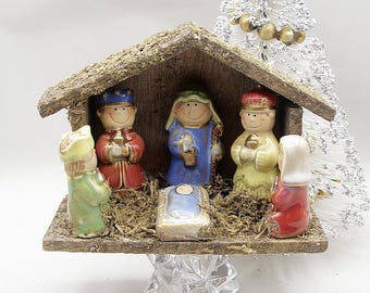 Vintage Small Nativity Wood Stable Creche Stable Set Christmas Decor