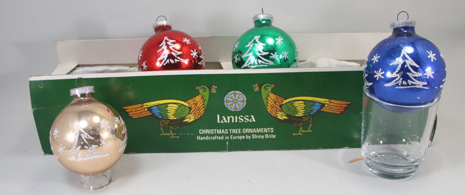 4 Vintage Lanissa Christmas Tree Shiny Brite Boxed Ornaments 2.25 Inch