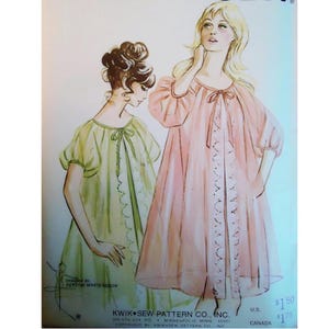May include: Vintage sewing pattern illustration featuring two women in pastel-colored nightgowns. The gowns have puff sleeves and decorative trim. The pattern is from Kwik Sew Pattern Co., Inc. and designed by Kerstin Martensson.