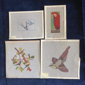 Vintage DIY Needlepoint BIRDS Parrot, Swallows, Finches, Red Berries Hand Painted Cotton Canvas 1980s NOS