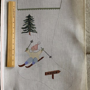 Vintage DIY Needlepoint Christmas Stocking Skiing Santa Elf 18 Mesh Cotton Canvas, Ski Bum North Pole  1980s NOS Personalize