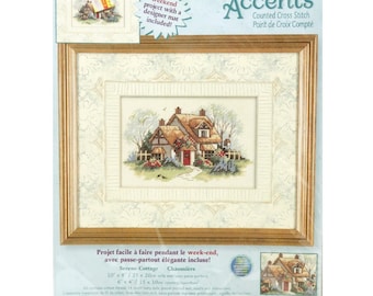 DIY Counted Cross Stitch KIT, Serene Cottage Dimensions Easy Matted Accents 14 Count 2001 with Custom Mat