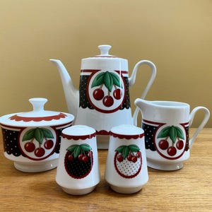 5 Vintage Mary Engelbreit Cherry Cameo Coffee Pot, Creamer, Sugar Bowl, Salt and Pepper Shakers At Home Enesco, Black White Polka Dots