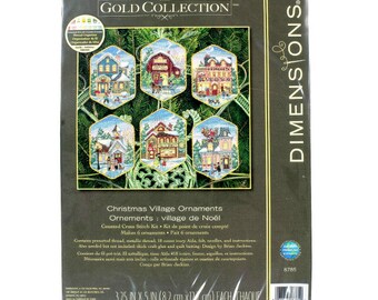 DIY 6 Christmas Village Ornaments, Dimensions Gold Collection, Counted Cross Stitch Kit 8785 by Brian Jackins 1 Count, 5 Inch