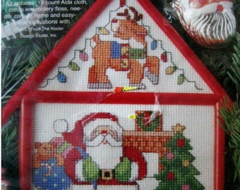 DIY Bucilla Christmas Cottage Santa and Rudolph Counted Cross Stitch KIT with Frame, Gallery of Stitches
