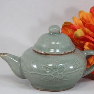Vintage Japanese Ceremonial Teapot Floral Small 3 Inch Gift Tea Pot Celadon Green