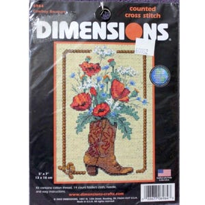 DIY Cowboy Bouquet Dimensions 6964 Counted Cross Stitch Hand Embroidery KIT Western Boot Flowers 5 x 7