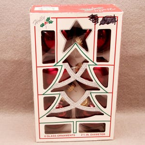 6 Vintage Burgundy Maroon Holly Boxed Christmas Tree Ornaments 2.5 Inch 1990s