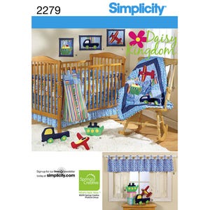 May include: Simplicity 2279 Daisy Kingdom sewing pattern for nursery decor. Includes instructions for a crib quilt, bed skirt, bumper, wall hangings, and plush toys shaped like a truck, boat, and airplane, featuring blue, red, and green fabrics.