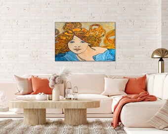 Large Original Art Nouveau Portrait Oil Painting Red Hair Blue Lady Inspired by Mucha, 24 x 36 Gifts