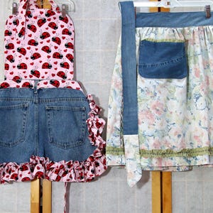 Vintage Upclyed Denim Jeans Plus Size Floral Half Apron Hostess OR Lady Bug Full Apron Pocket
