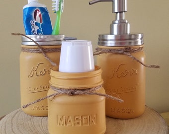 Mason Jar Urban Rustic Farmhouse Bathroom Toothbrush Holder~Soap/Lotion Dispenser~Cup Holder Set, Country, Vintage Decor