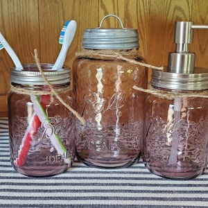 BoHo Rose Ball Mason Jar Urban Rustic Farmhouse Bathroom 3 Piece Set~Toothbrush Holder~Soap/Lotion Dispenser Storage Jar