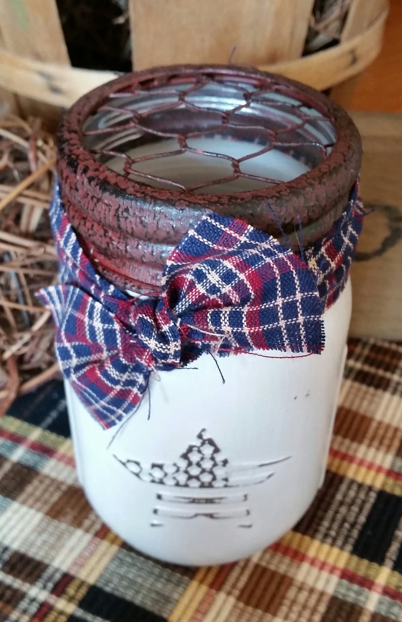 Mason Jar Americana Toothbrush Holder Country Urban Farmhouse Rustic Decor Bathroom Decor Pencil Holder Makeup Brush Holder Flower Frog