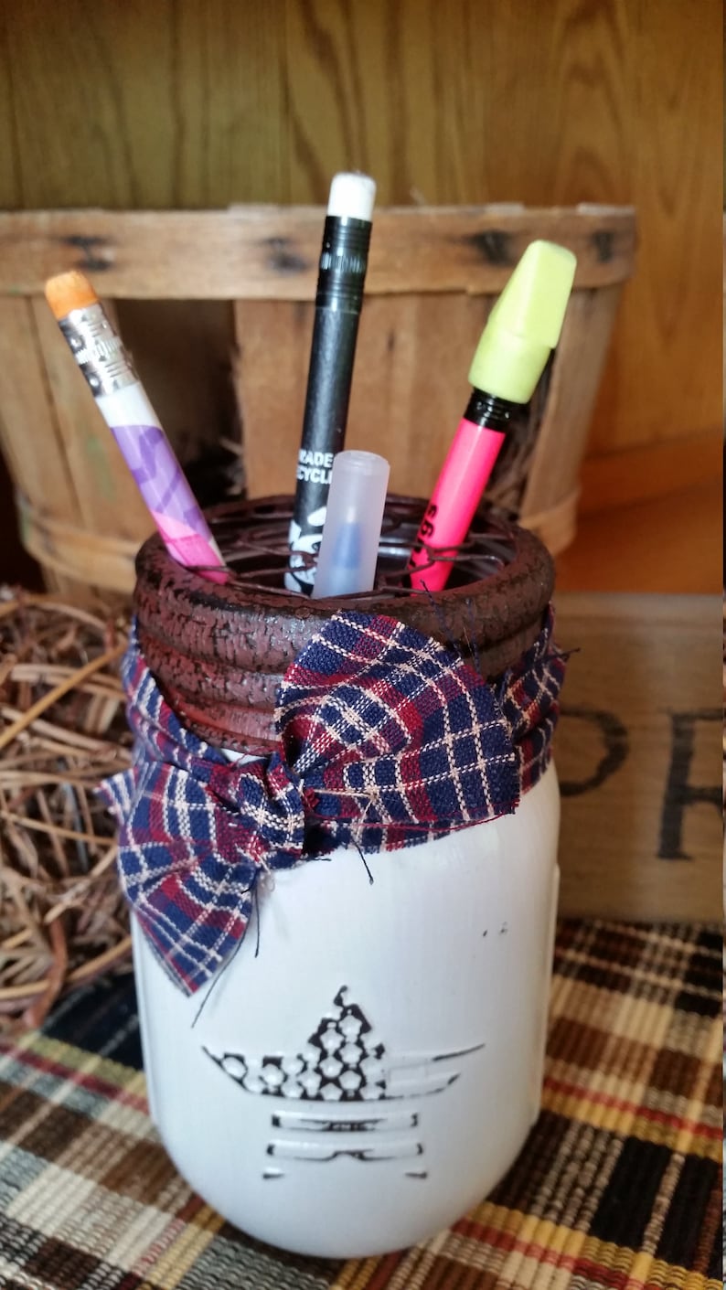 Mason Jar Americana Toothbrush Holder Country Urban Farmhouse Rustic Decor Bathroom Decor Pencil Holder Makeup Brush Holder Flower Frog