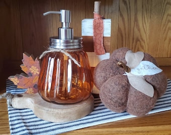 Fall Harvest Halloween Orange Glass Pumpkin Jar Soap Lotion Dispenser Fall Décor Farmhouse Harvest Halloween Décor