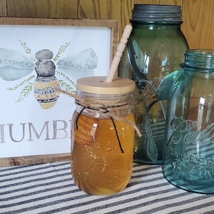 Honey Bee Pint Mason Jar Honey Jar & Dipper Set~Farmhouse Vintage Country Urban Decor Housewarming Bridal Shower Gift