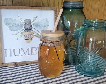 Honey Bee Pint Mason Jar Honey Jar & Dipper Set~Farmhouse Vintage Country Urban Decor Housewarming Bridal Shower Gift